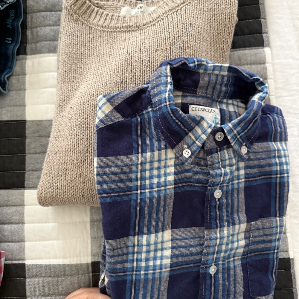 Crewcuts Blue Plaid Shirt and Beige Sweater